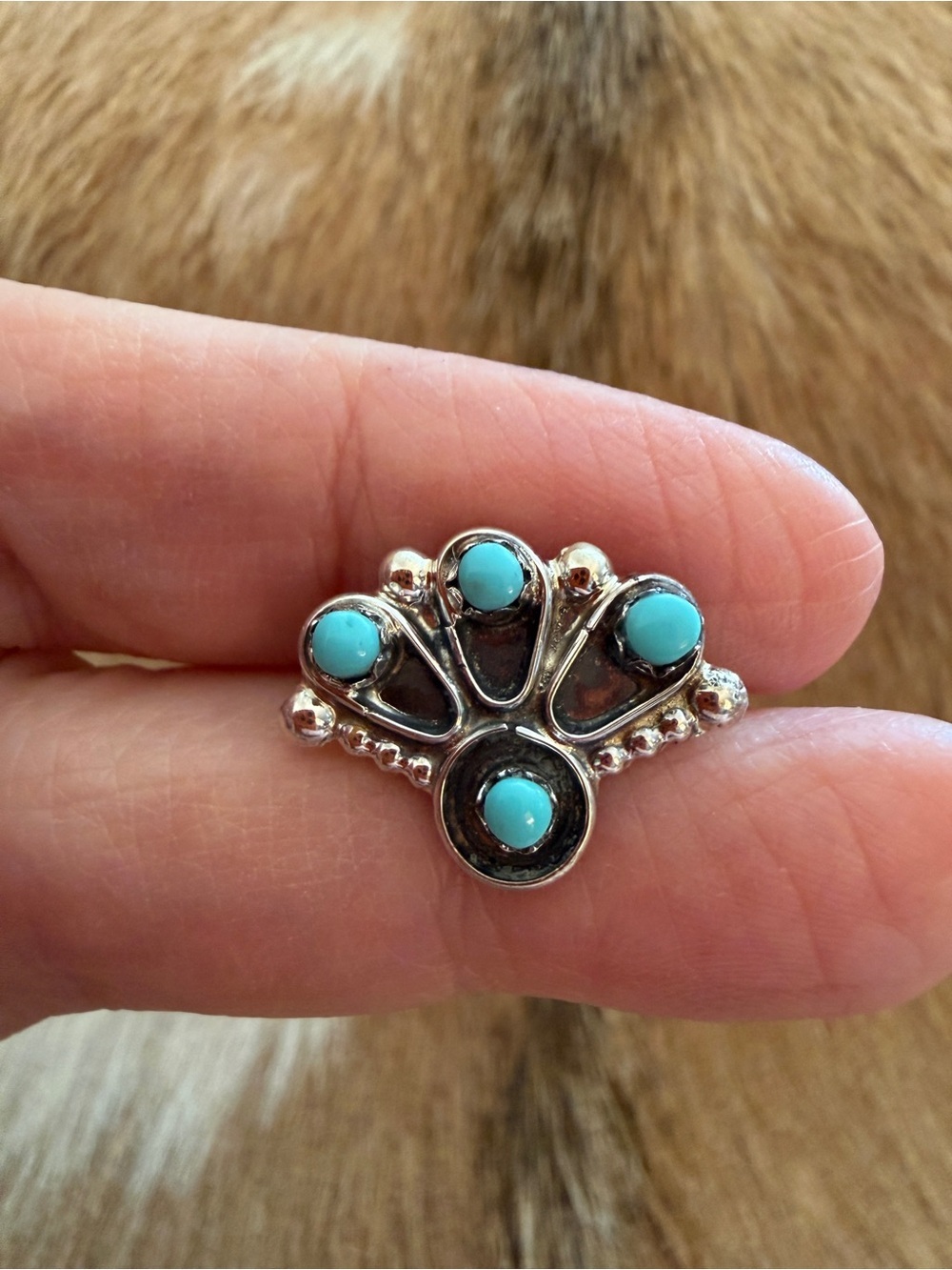 ❤️ Navajo Kingman Turquoise Sterling 4 Stone Sz 7 Fan Shape Native American Ring